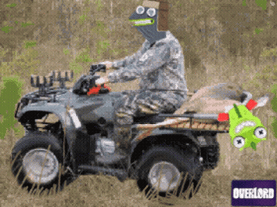 Man In Military Uniform Riding ATV With Overlord Logo GIF