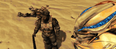 Man In Military Uniform Standing Next To Helmet With Blue Light GIF