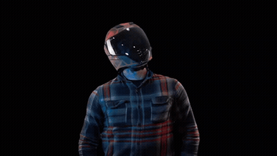 Man In Motorcycle Helmet And Plaid Shirt Raising Arms GIF