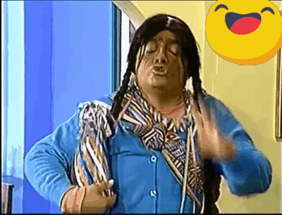 Man In Native American Costume Laughing With Smiley Behind GIF