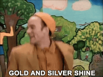 Man In Orange Hat Dancing In Front Of Painting Saying Gold And Silver Shine GIF