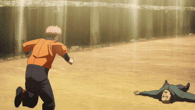 Man In Orange Jacket Running Toward Man On Ground GIF