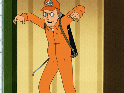 Man In Orange Jumpsuit With King Of The Hill Hat GIF