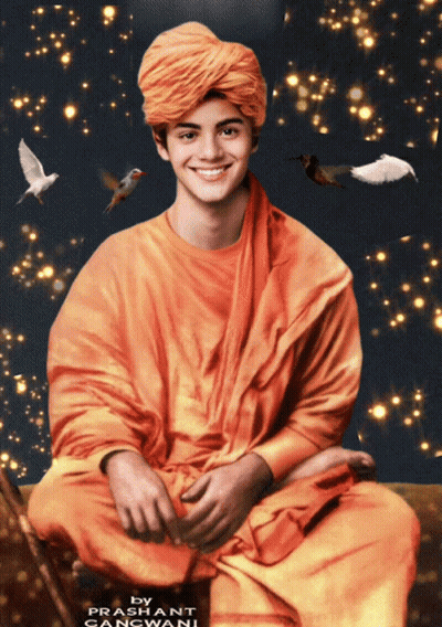 Man In Orange Robe And Turban With Birds GIF