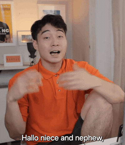 Man In Orange Shirt Saying Hallo Niece And Nephew GIF