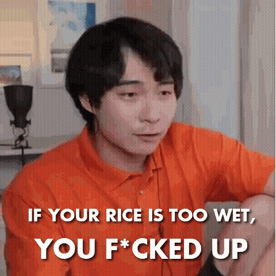 Man In Orange Shirt Saying If Your Rice Is Too Wet You F Up GIF