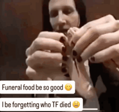 Man In Orange Shirt Says Funeral Food Be So Good I Be Forgetting Who Tf Died GIF