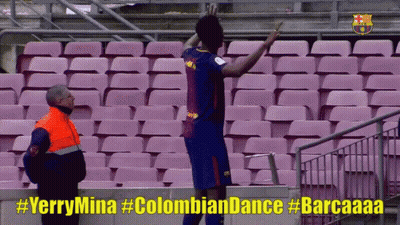 Man In Orange Vest Next To Soccer Player #Yerrymina #Colombian Dance #Barcaaaa GIF