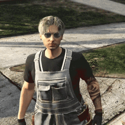 Man In Overalls And Sunglasses On Sidewalk GIF