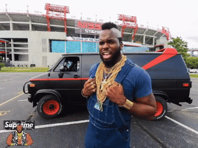 Man In Overalls In Front Of Supreme Van GIF