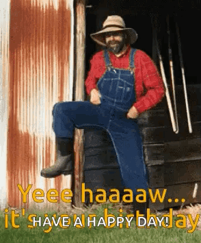 Man In Overalls Sitting On Wooden Post GIF