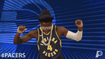 Man In Pacers Jersey Dancing With Arms Up GIF