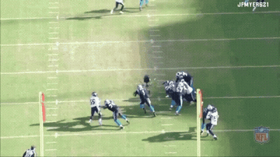 Man In Panthers Jersey Smiling At Bank Of America Stadium GIF