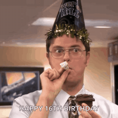 Man In Party Hat Eating Cake Wishing Happy 16Th Birthday GIF