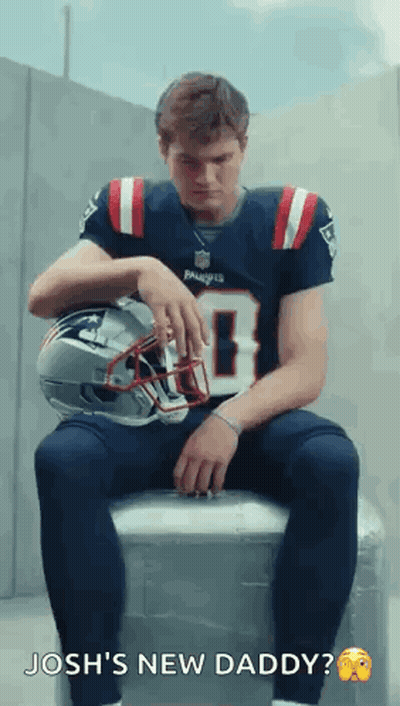 Man In Patriots Jersey Sitting On Cooler With Helmet GIF