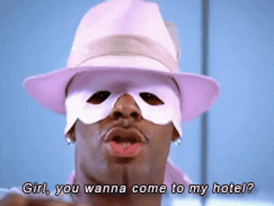 Man In Pink Hat And Mask Says Girl You Wanna Come To My Hotel GIF