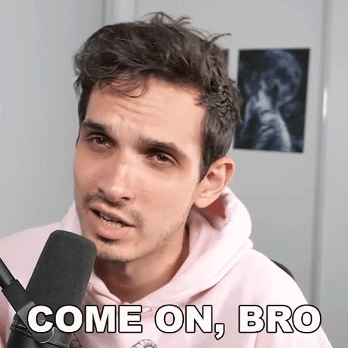 Man In Pink Hoodie In Front Of Microphone With Text Come On Bro GIF