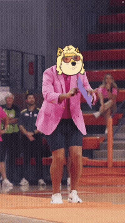 Man In Pink Jacket Dancing With Dog On Head GIF