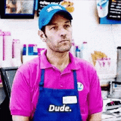 Man In Pink Shirt And Blue Apron Saying Dude GIF