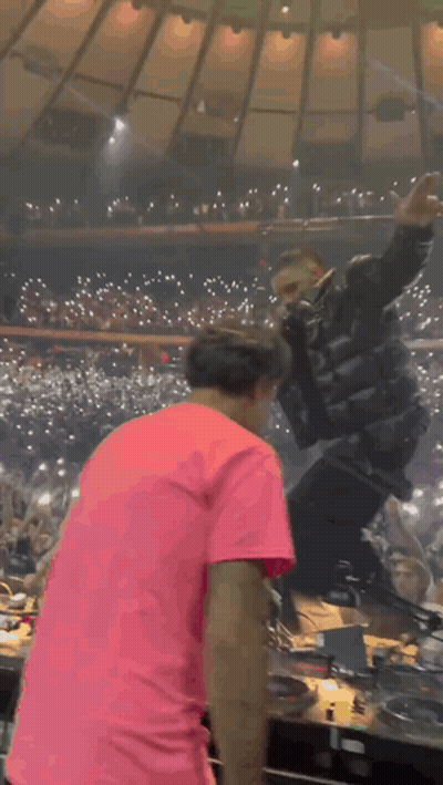 Man In Pink Shirt Before Crowd, Singer With Mic GIF