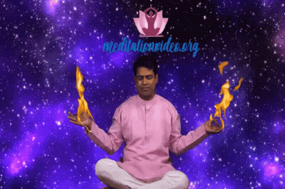 Man In Pink Shirt Lotus Position With Flames Meditationvideos.org GIF