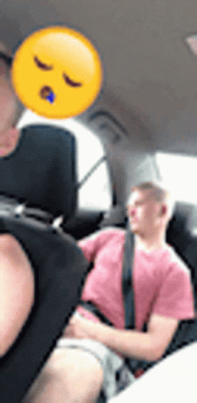 Man In Pink Shirt Sitting In Back Seat With Smiley Face GIF