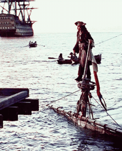 Man In Pirate Costume On Raft GIF