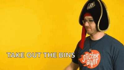 Man In Pirate Hat And Sticker Giant T-Shirt Says Take Out The Bins GIF