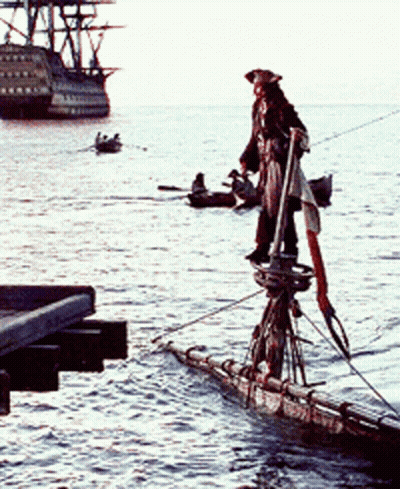 Man In Pirate Outfit On Raft GIF
