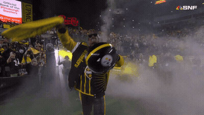 Man In Pittsburgh Steelers Jersey Holding Helmet GIF