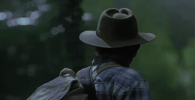 Man In Plaid Shirt And Hat Walking In Forest With Dinosaurs GIF
