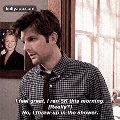 Man In Plaid Shirt And Tie Saying I Feel Great Ran 5K GIF