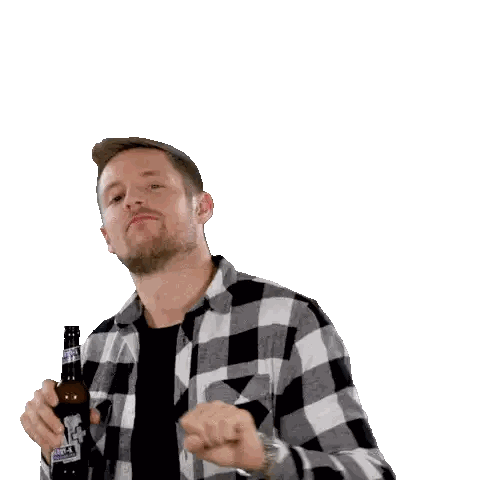 Man In Plaid Shirt Holding Beer Bottle With Label Beer Sticker