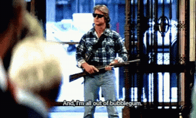 Man In Plaid Shirt Holding Gun Saying And I'm All Out Of Bubblegum GIF