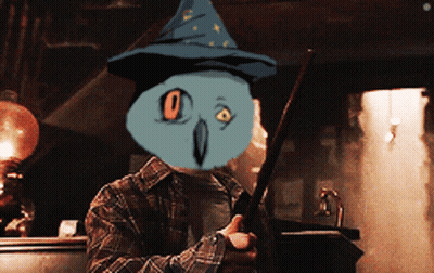 Man In Plaid Shirt Holding Wand With Owl On Face GIF
