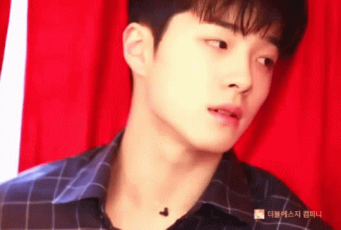 Man In Plaid Shirt In Front Of Red Curtain GIF