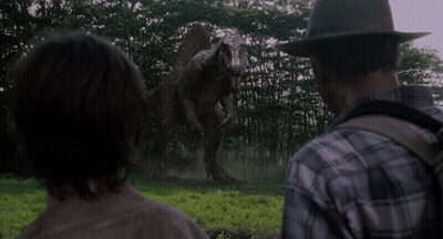 Man In Plaid Shirt Looking At Dinosaur GIF