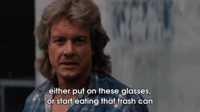 Man In Plaid Shirt Saying Put On Glasses Or Eat Trash Can GIF