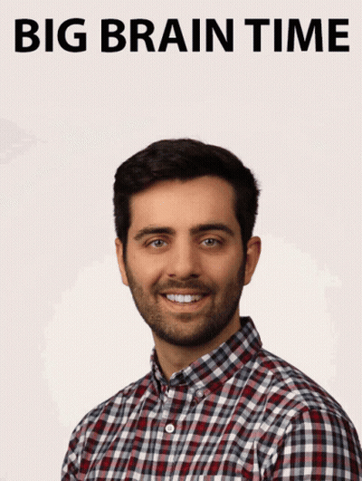 Man In Plaid Shirt Smiling In Front Of Big Brain Time Poster GIF