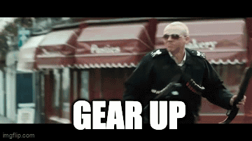 Man In Police Uniform Holding Gun In Front Of Bakery Saying Gear Up GIF