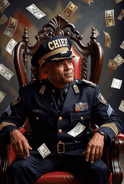 Man In Police Uniform Surrounded By Falling Money GIF