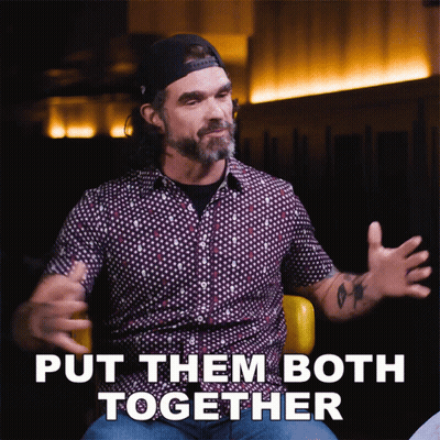 Man In Polka Dot Shirt Says Put Them Both Together With Arms Outstretched GIF