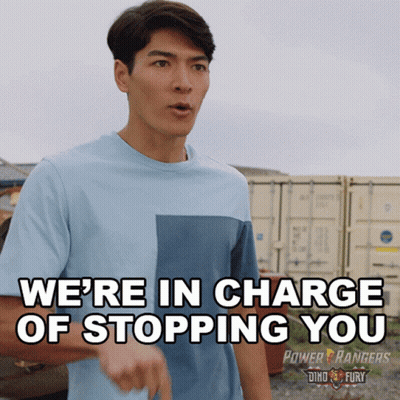 Man In Power Rangers Shirt Says We're In Charge Of Stopping You GIF
