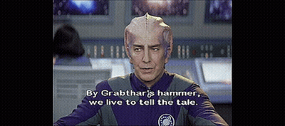 Man In Purple And Gray Uniform By Grabthar's Hammer We Live To Tell The Tale GIF