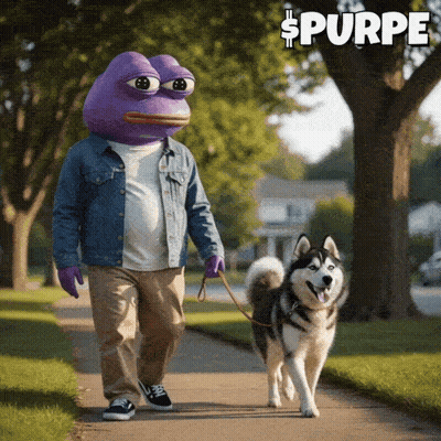 Man In Purple Frog Costume Walking Husky GIF