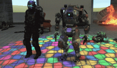 Man In Purple Helmet Next To Robot With TCT GIF