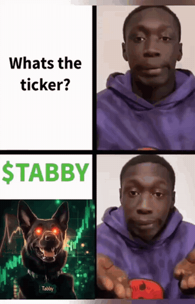 Man In Purple Hoodie With Red-Eyed Dog And Whats The Ticker $ Tabby GIF