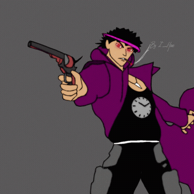 Man In Purple Jacket Holding Gun Smoking Cigarette With Clock On Shirt GIF
