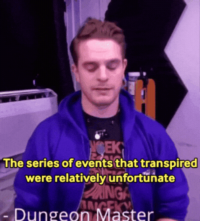 Man In Purple Jacket Says Series Of Events Were Relatively Unfortunate Dungeon Master GIF