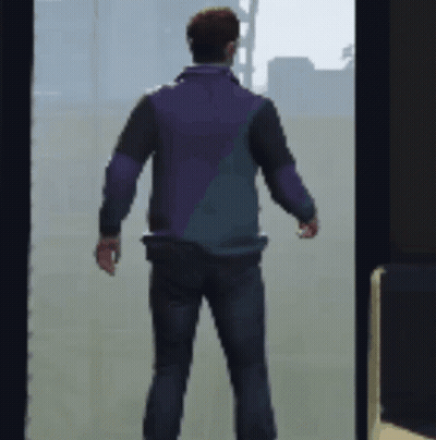Man In Purple Jacket Standing In Doorway GIF